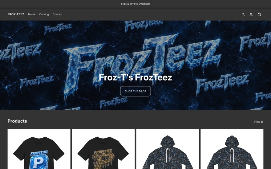 Froz-Teez — merch store built on Shopify with print-on-demand fulfilment