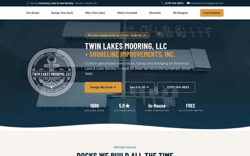 Twin Lakes Mooring — dock builder site with a 3D boat slip designer
